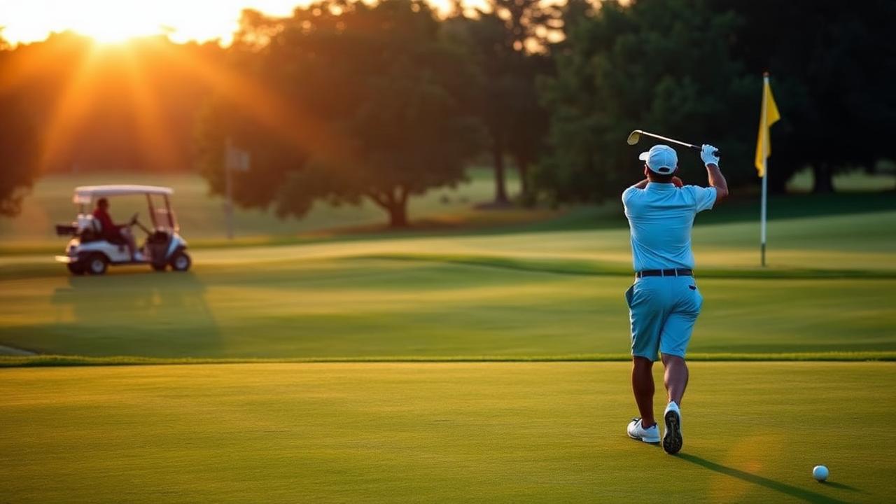 Golfer mid-swing on a sunlit fairway